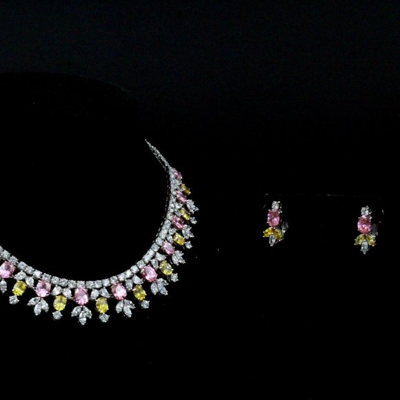 NOS Rucinni Rhinestones Jeweled Crystals Yellow Pink Pastel Necklace Set - Picture 6 of 13